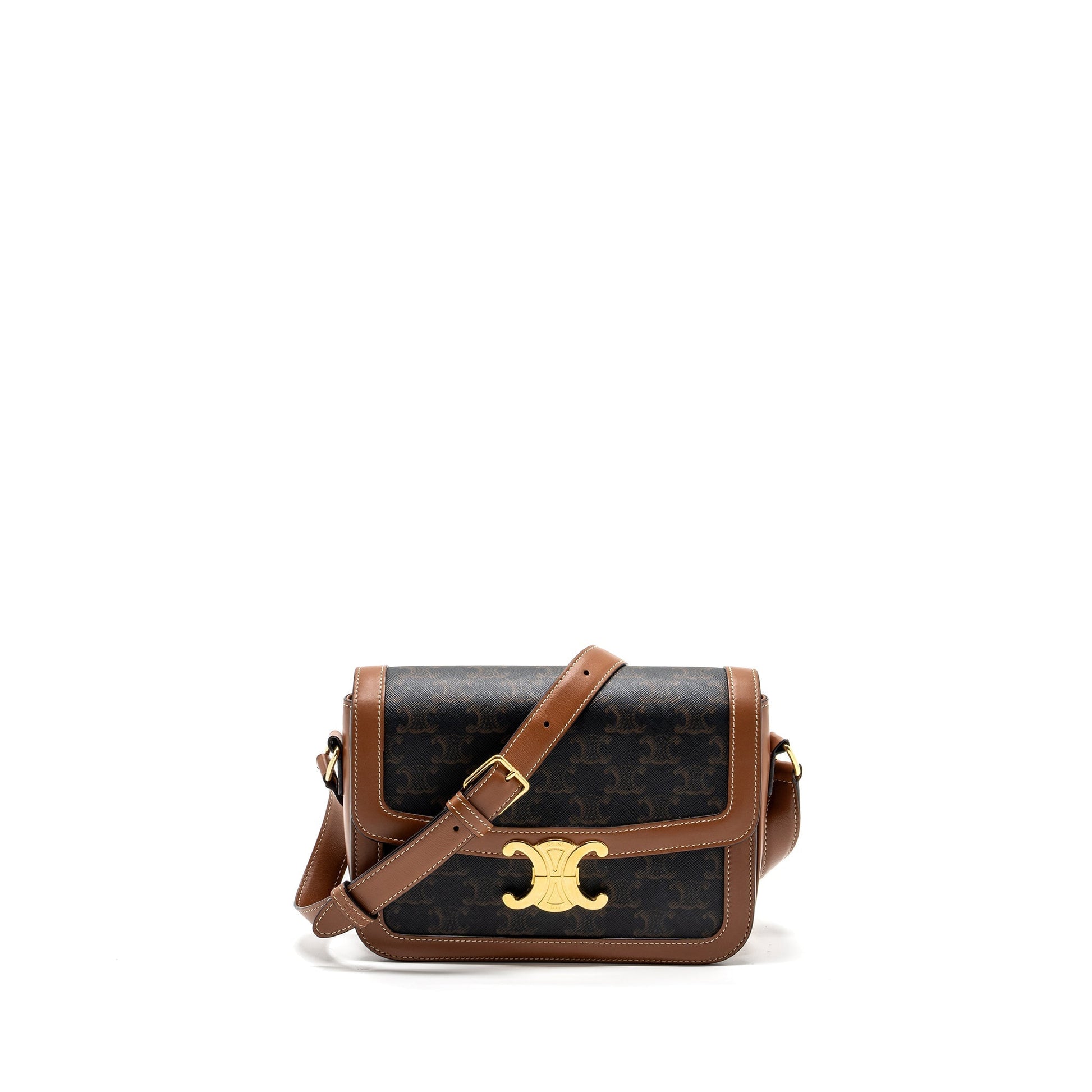 Celine Classic Triomphe Purse Calfskin Handbag Canvas Tan Travel Bag