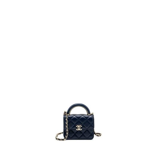 Chanel top handle flap Lambskin Navy LGHW Clutch Bag