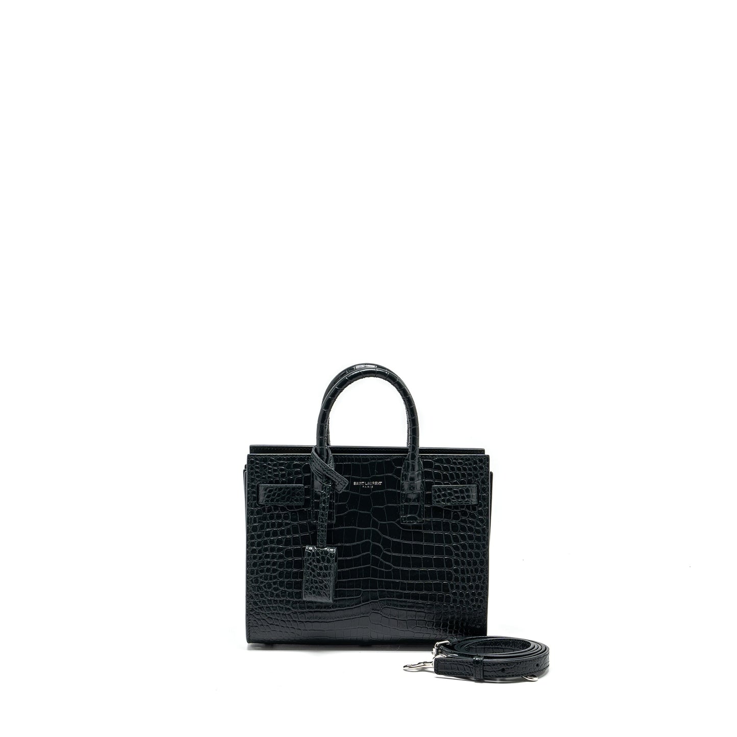 YSL Saint Laurent Sac De Jour Nano Crocodile Embossed Calfskin Green Travel Bag
