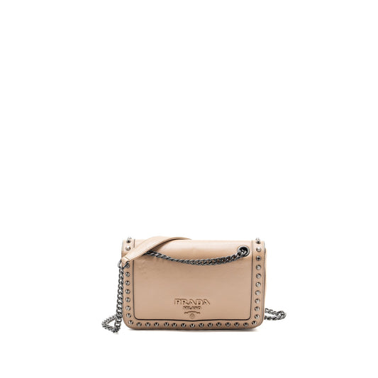 Prada Pattina Glace Studded Purse Calfskin Hardware Handbag Black Beige Travel Bag