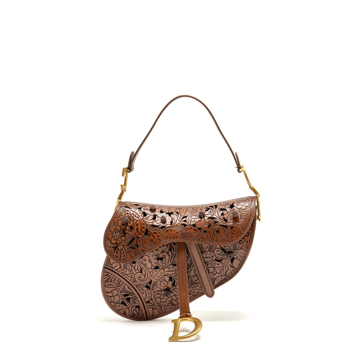 Dior Saddle Purse Laser Cut Floral Calfskin Handbag Brown Medium Travel Bag