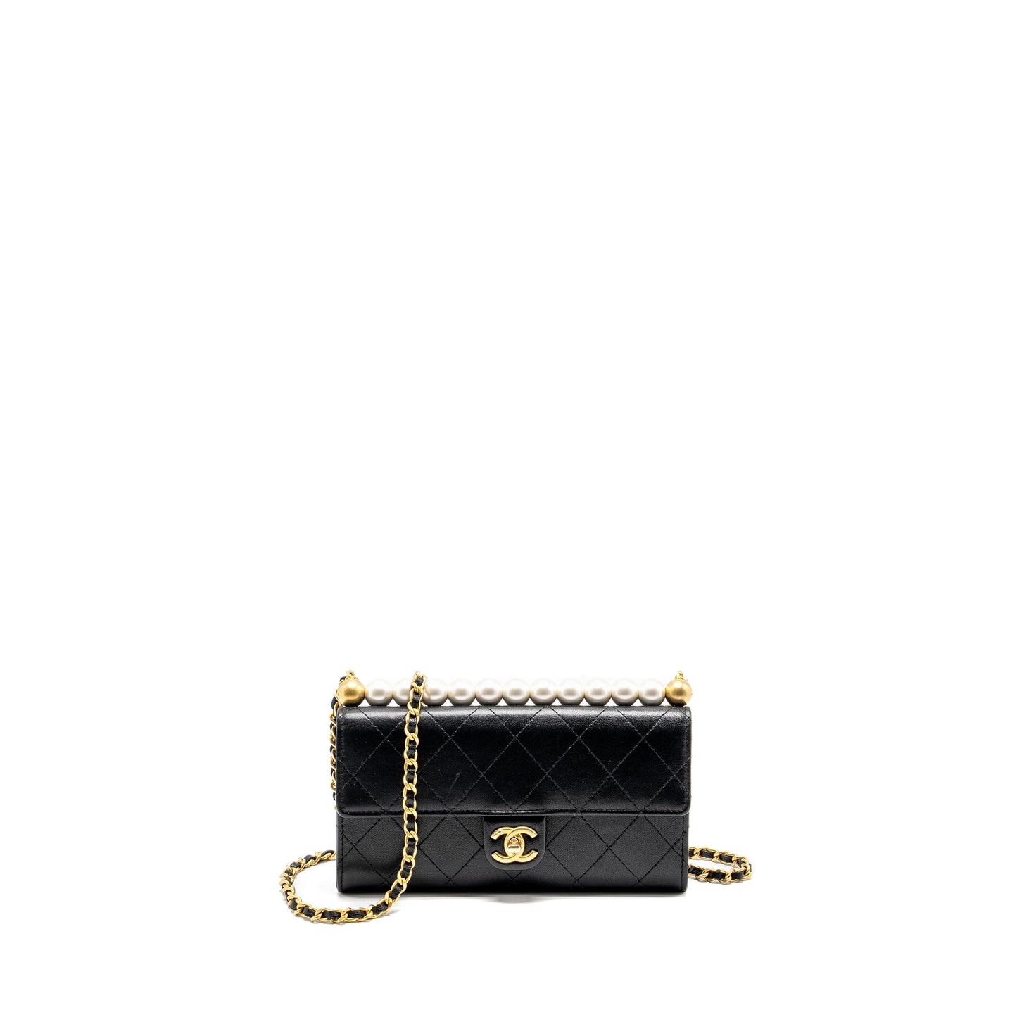 Chanel Quilted Pearl Long on Goatskin GHW Black Wallet Case