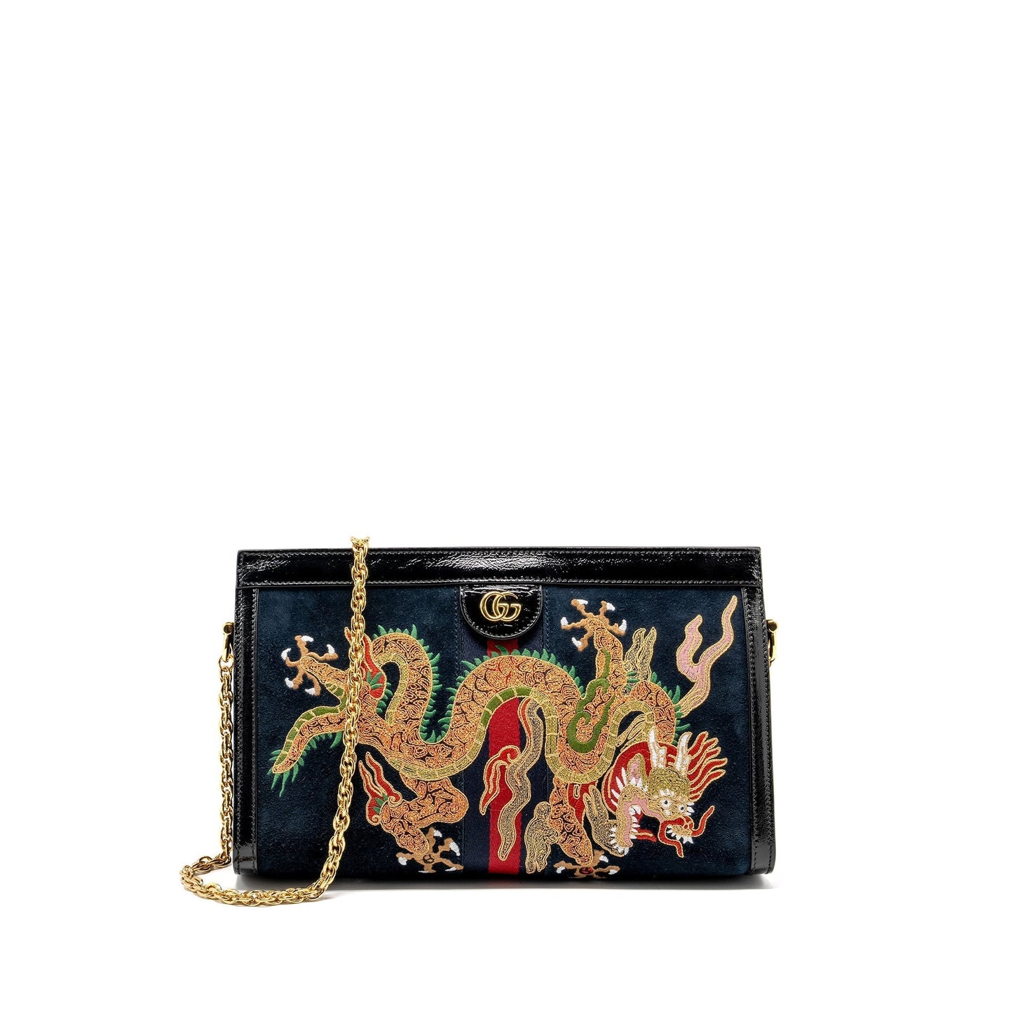 Gucci Ophidia Chain Bag Dragon Embroidered Multicolour Suede Black Travel Bag