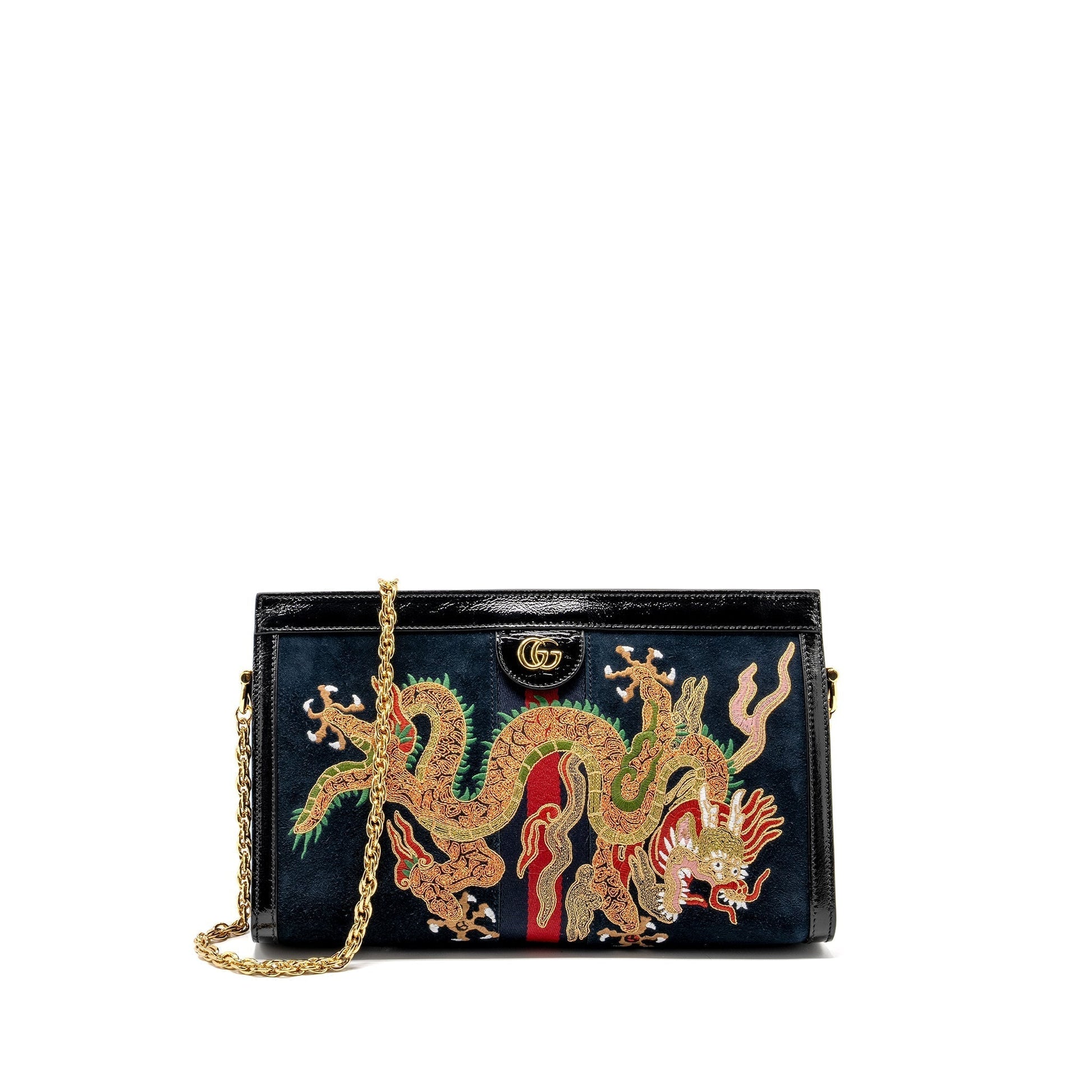 Gucci Ophidia Chain Bag Dragon Embroidered Multicolour Suede Black Travel Bag