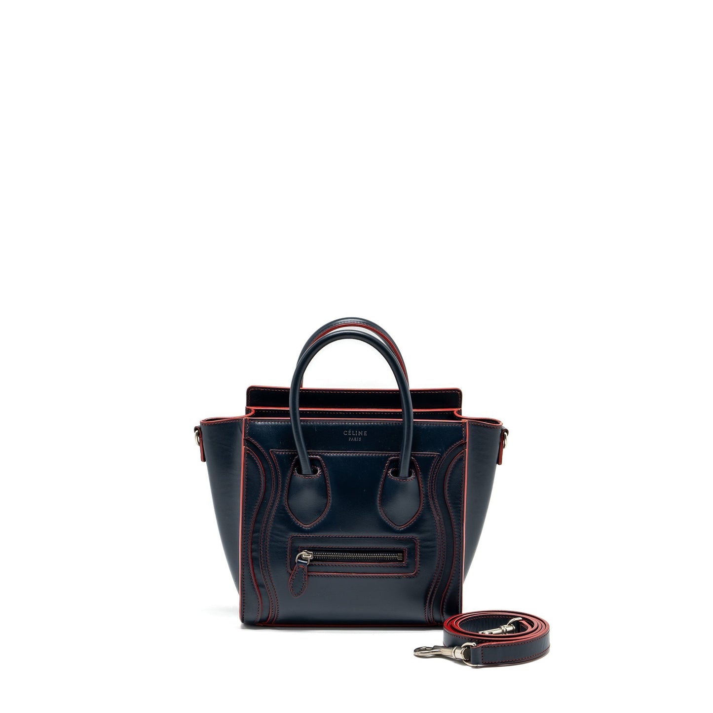 Celine Nano Luggage Purse Calfskin Navy Handbag Red Travel Bag