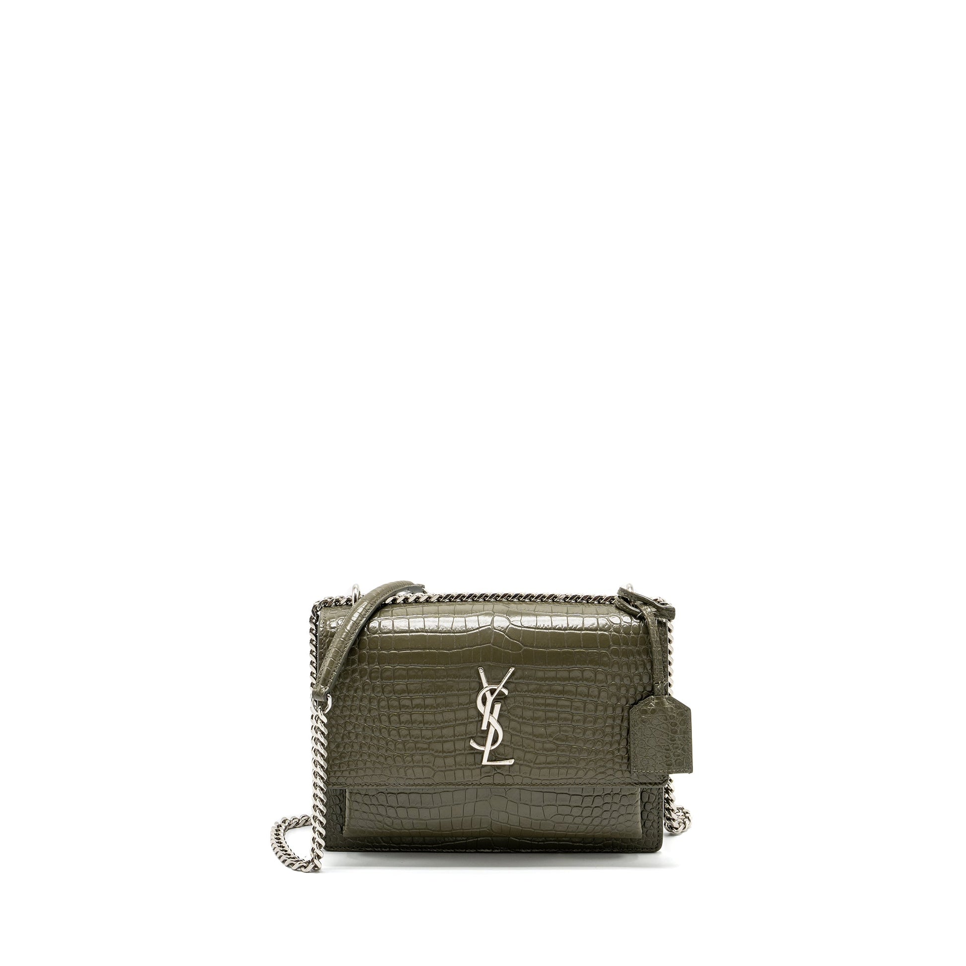 YSL Saint Laurent Sunset Purse Crocodile Embossed Calfskin Khaki Travel Travel Bag