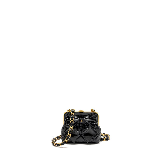 Chanel 24A Bowknot patent Crumpled Lambskin Shiny Black Clutch Bag