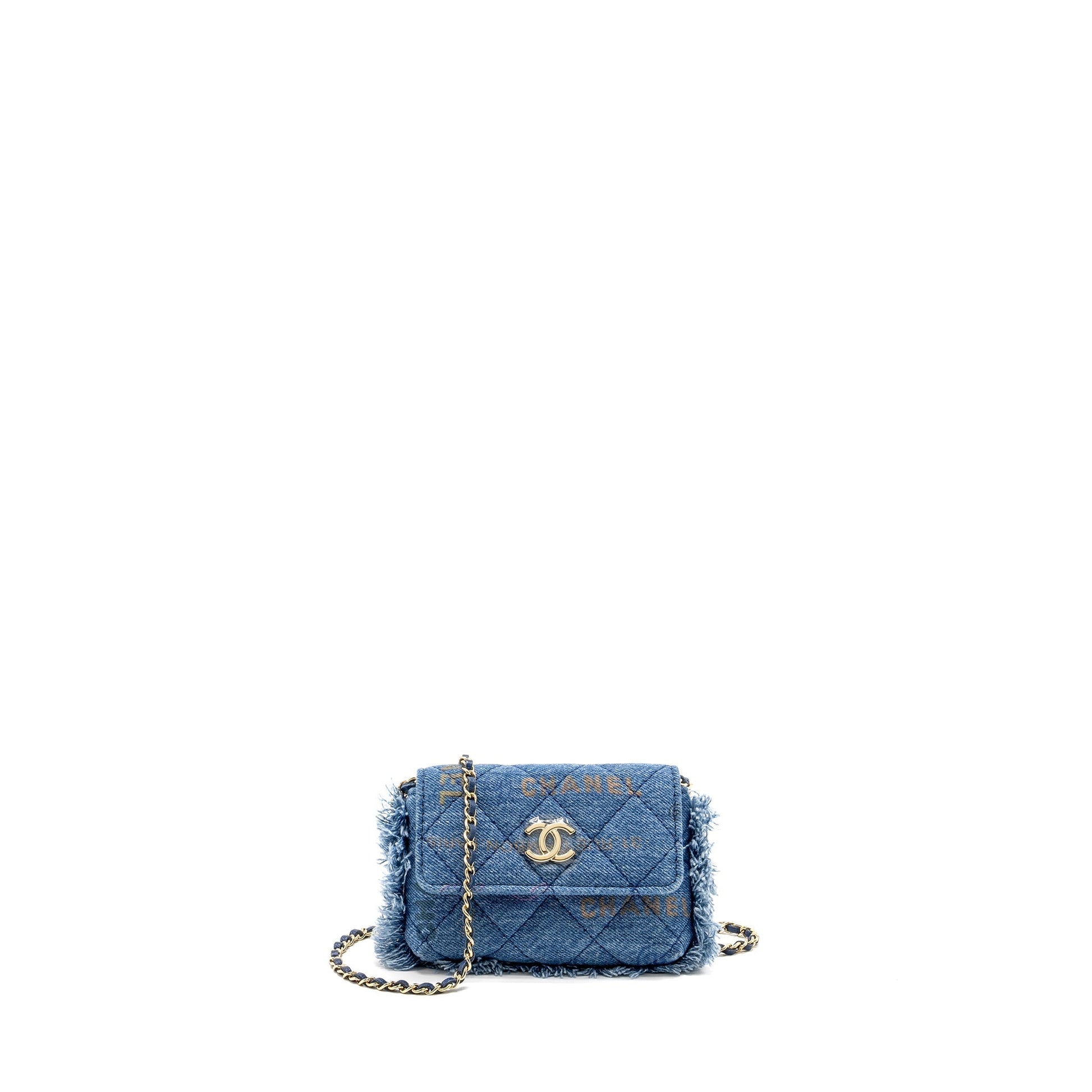 Chanel 22p Logo Printed Denim LGHW Multicolour Blue Clutch Bag