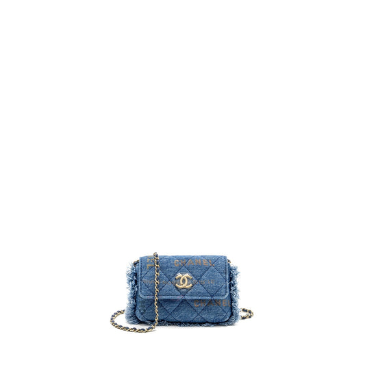 Chanel 22p Logo Printed Denim LGHW Multicolour Blue Clutch Bag