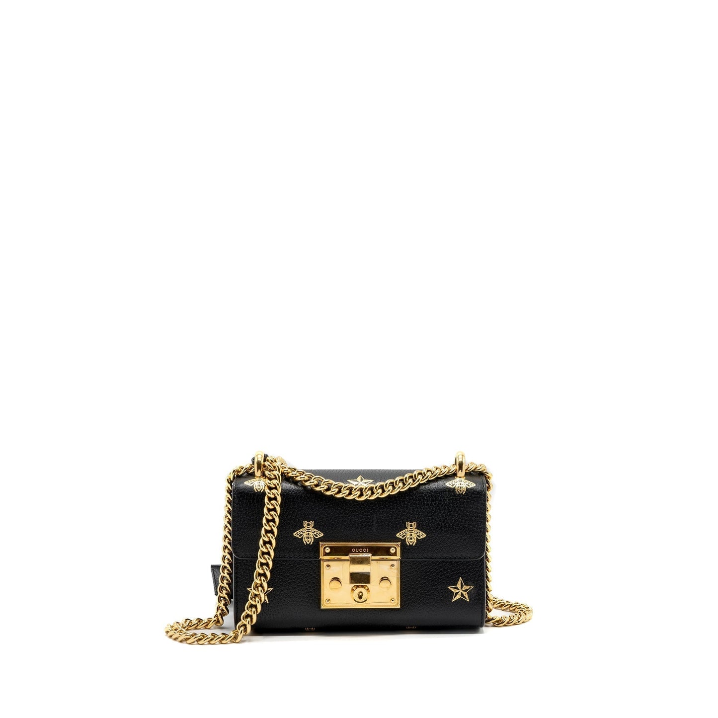 Gucci Padlock Bag Bee Print Calfskin Black Chain Travel Bag
