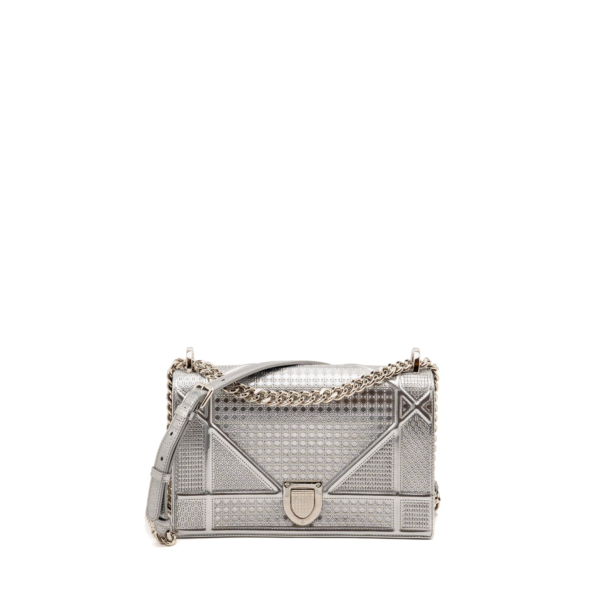 Dior ama Purse Patent Micro Cannage Metallic Handbag Leather Silver Travel Bag