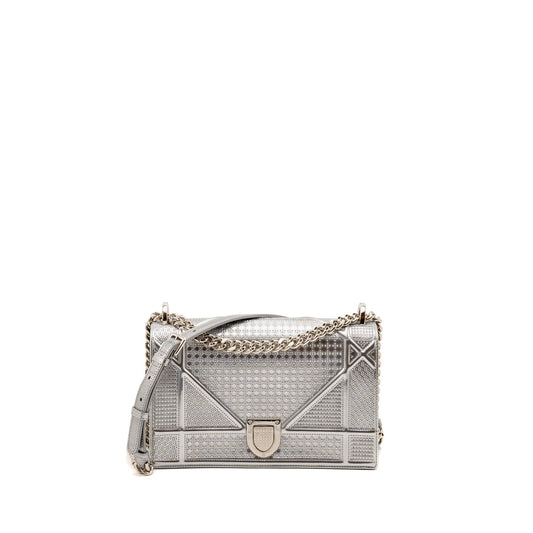 Dior ama Purse Patent Micro Cannage Metallic Handbag Leather Silver Travel Bag