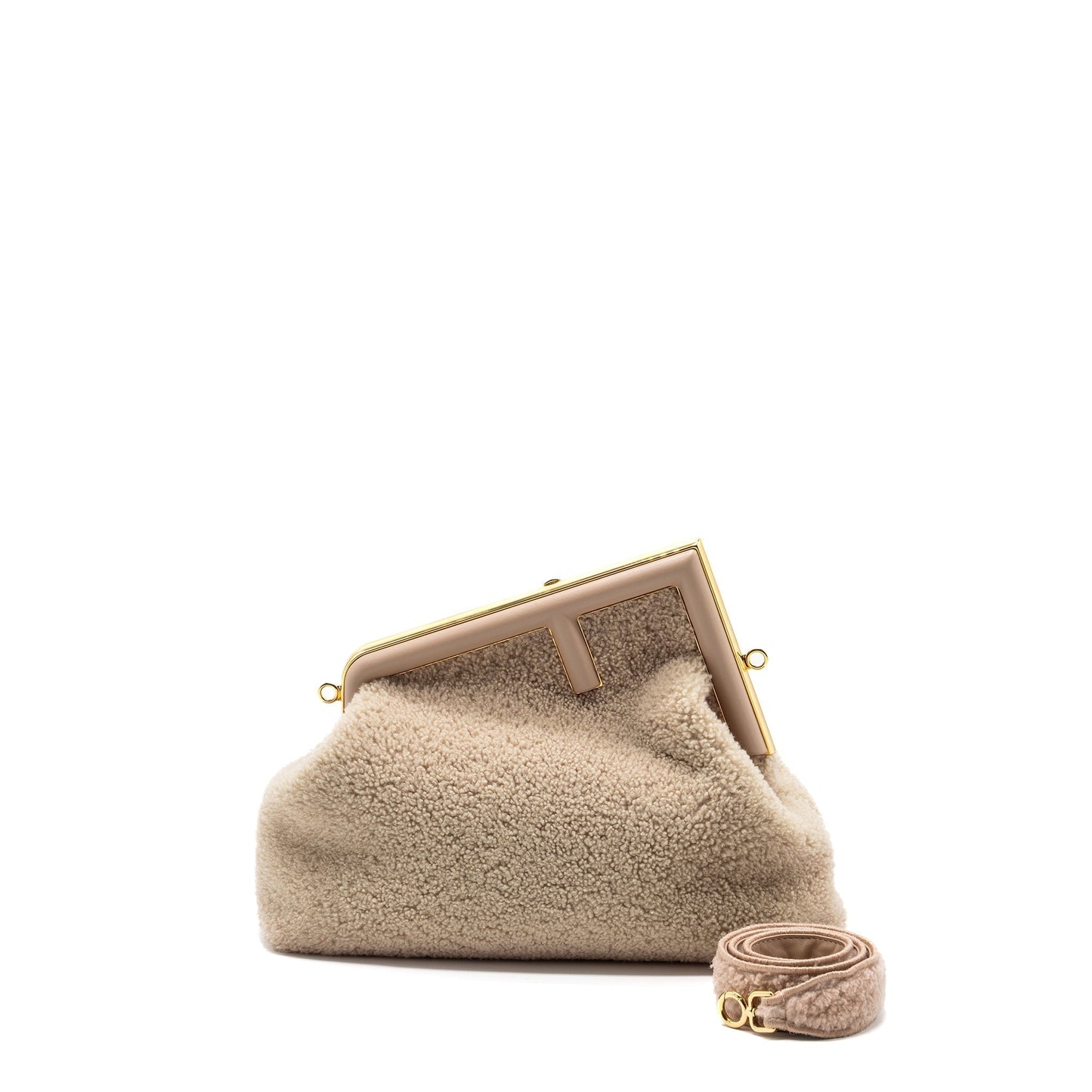 Fendi First Shearling Light Handbag Lambskin Beige Medium Travel Bag