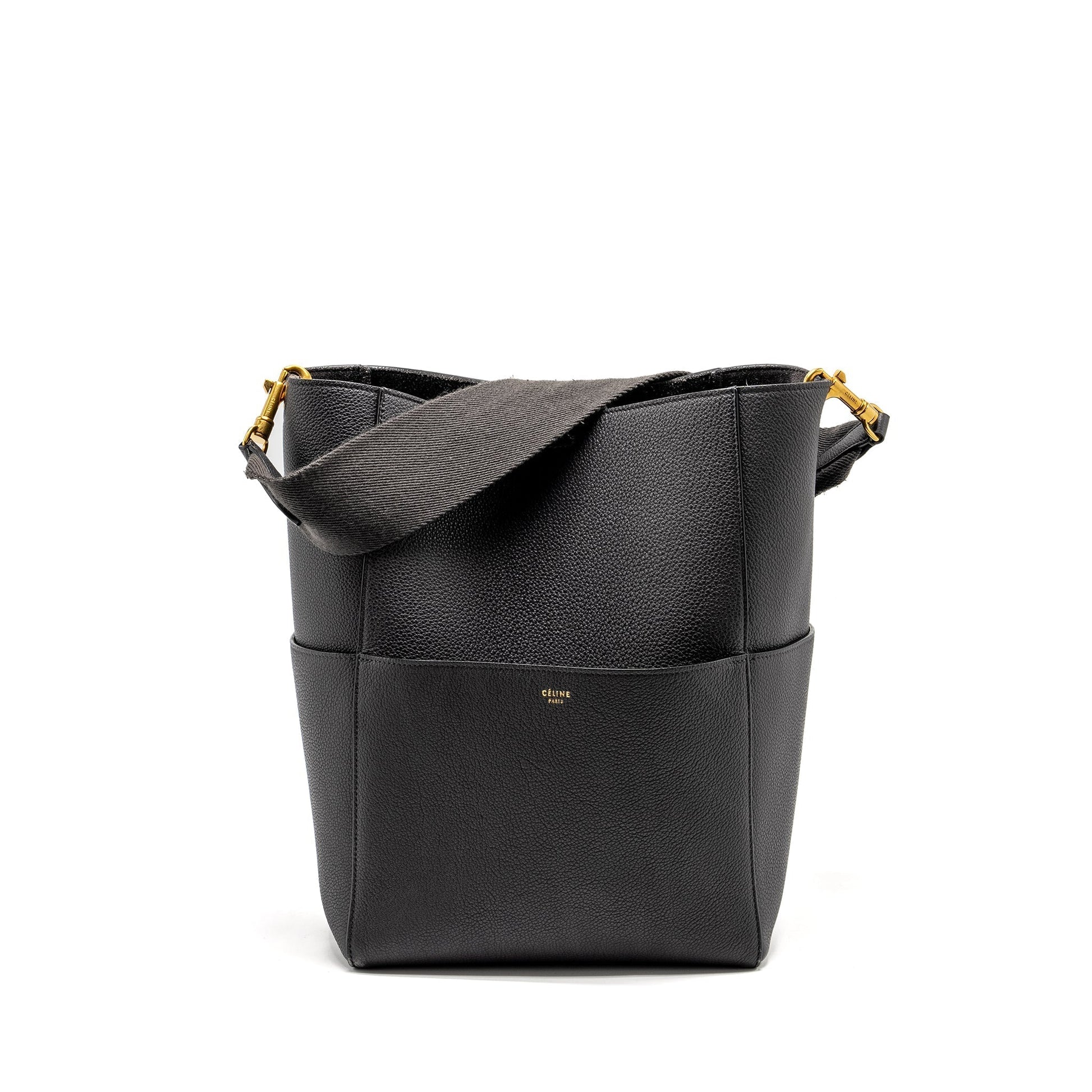 Celine Sangle Purse Calfskin Dark Grey Handbag Bucket Bucket Bag