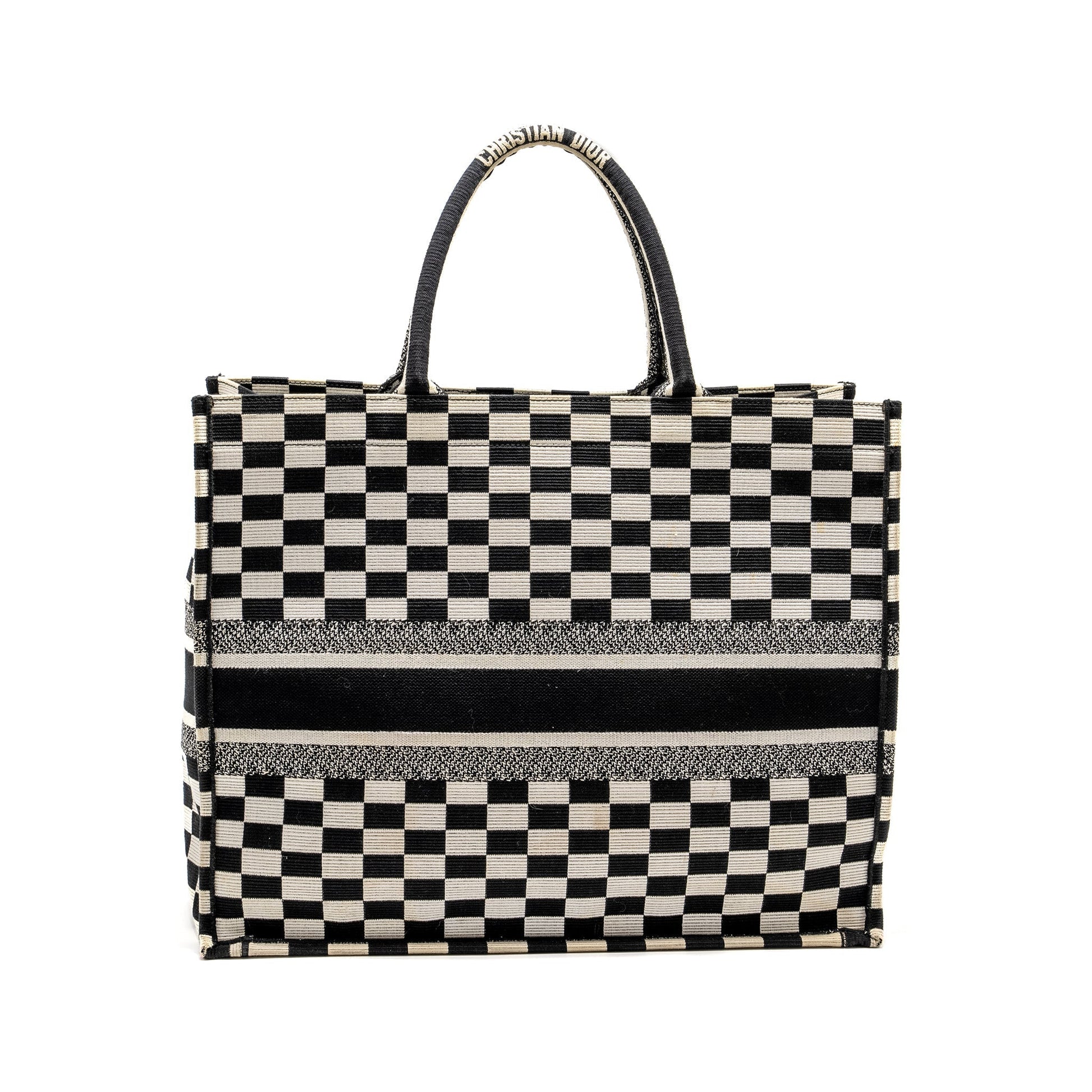 Dior Large Book Tote Checkered Embroidered Handbag Canvas Black Tote Bag
