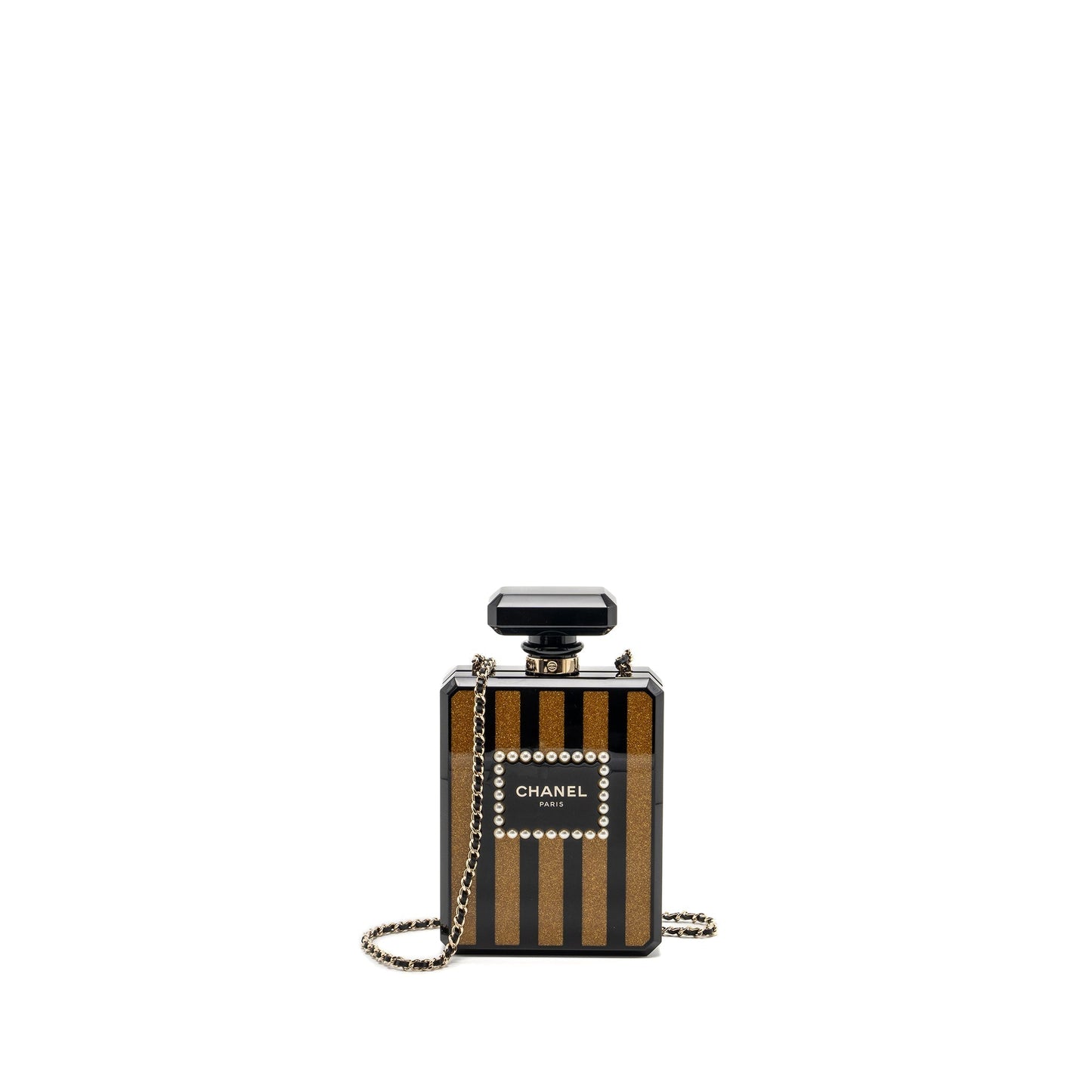 Chanel 17A Perfume Bottle Evening Bronze LGHW Black Clutch Bag