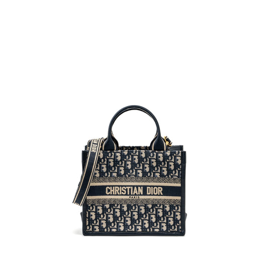 Dior Book Tote Oblique Embroidery Calfskin Handbag Blue Small Tote Bag