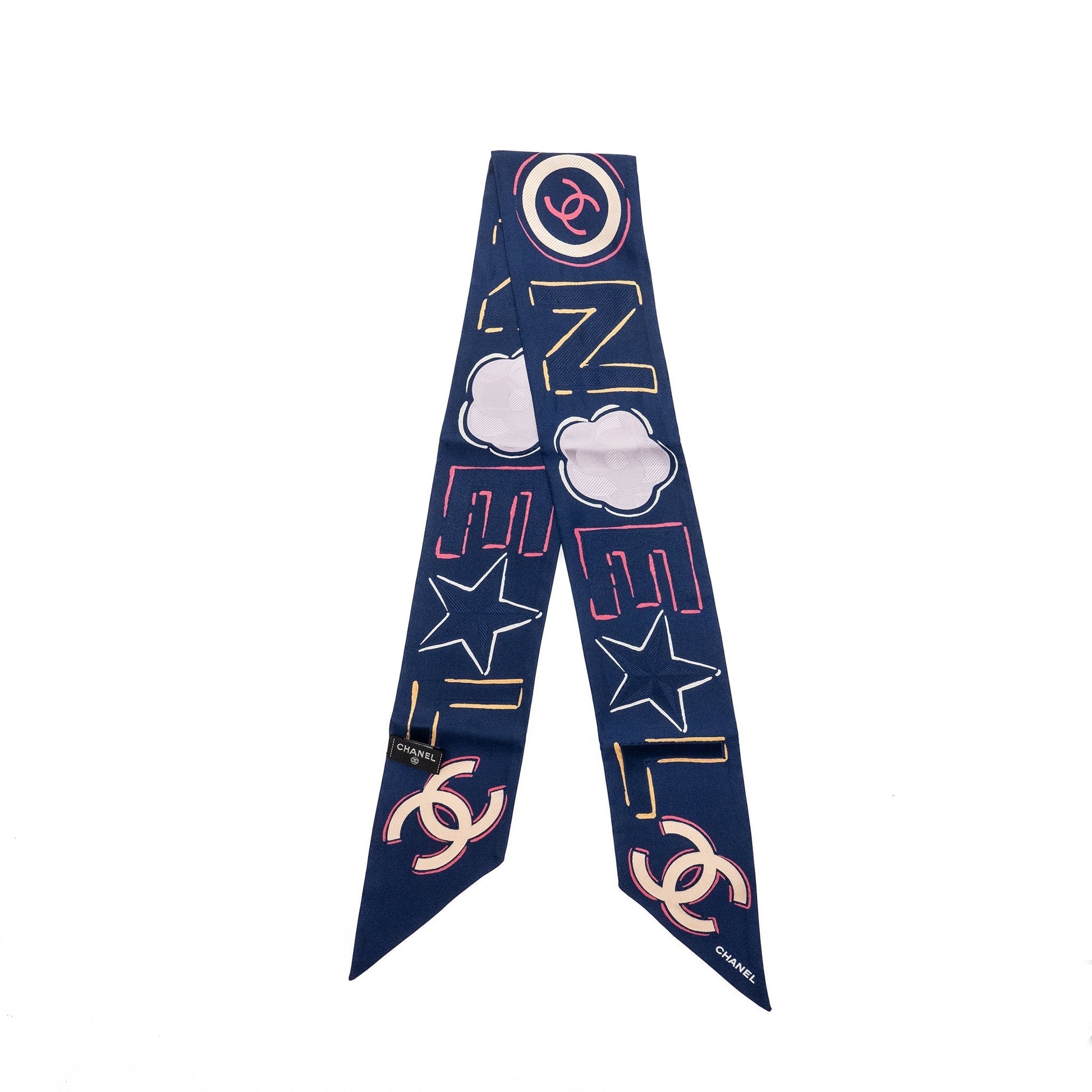 Chanel CC Logo Flower Print Twilly Navy Multicolour Scarf