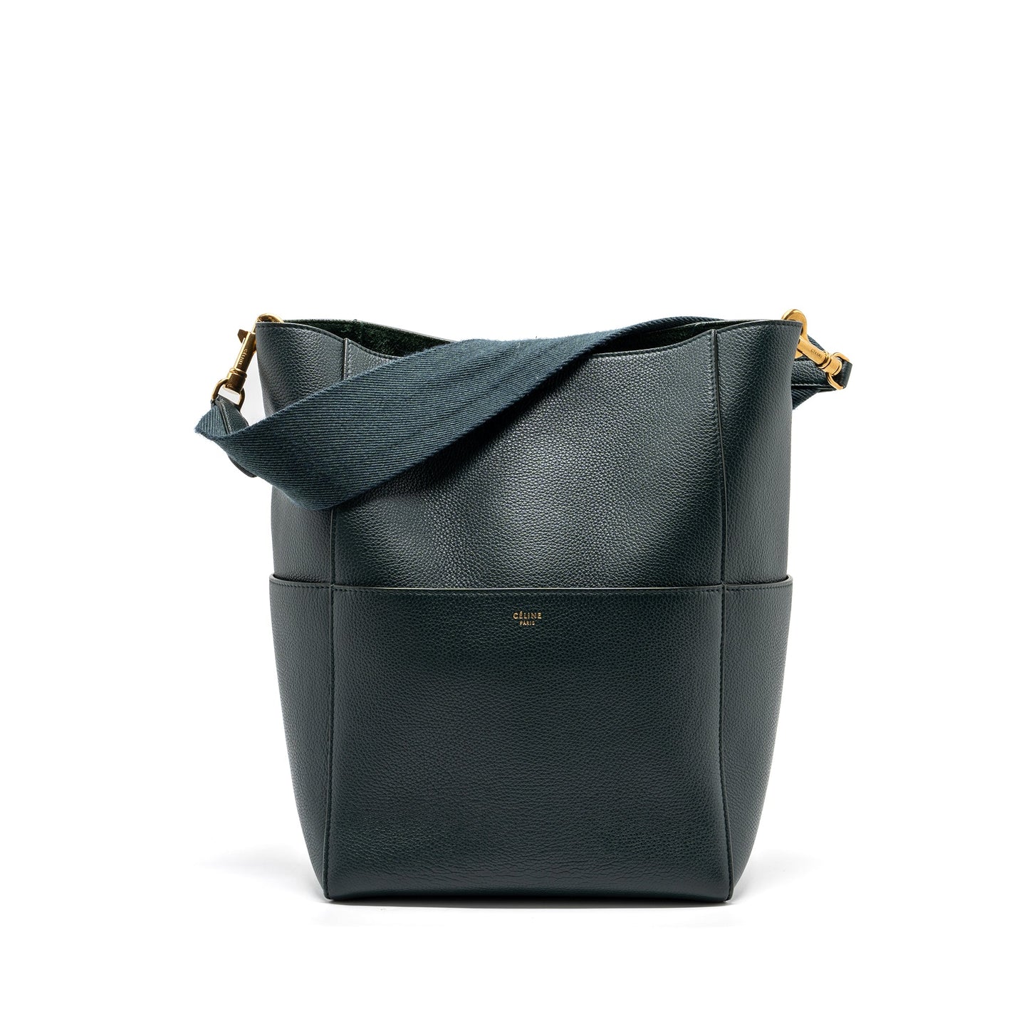 Celine Sangle Purse Calfskin Dark Handbag Green Bucket Bucket Bag