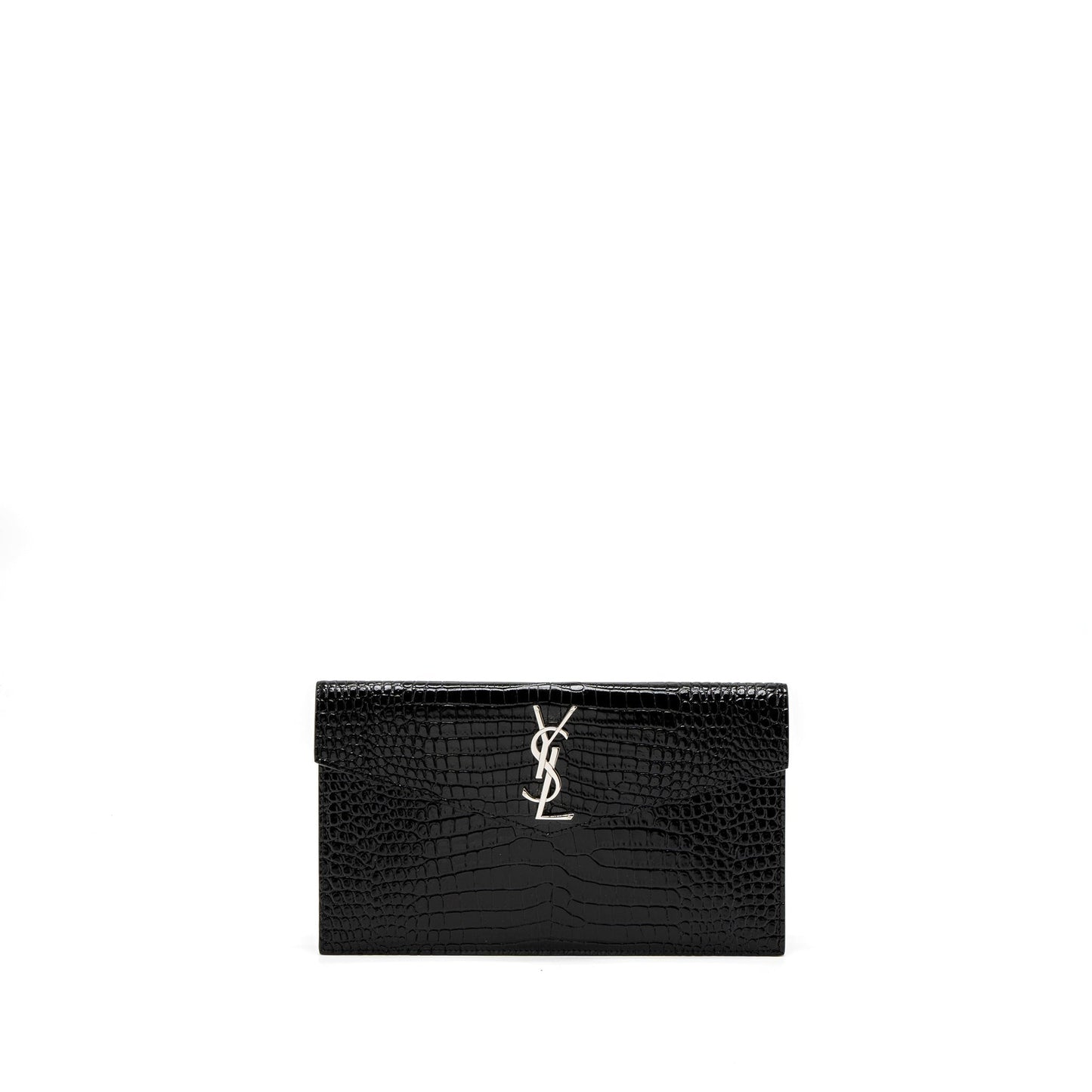 YSL Saint Laurent Uptown Pouch Crocodile Embossed Calfskin Travel Bag Black