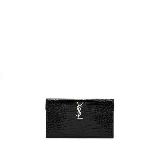 YSL Saint Laurent Uptown Pouch Crocodile Embossed Calfskin Travel Bag Black