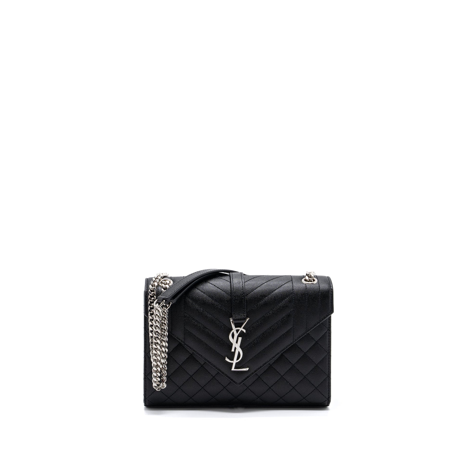 YSL Saint Laurent Envelope Chain Purse Grained Calfskin Mix Travel Matelasse Black Travel Bag