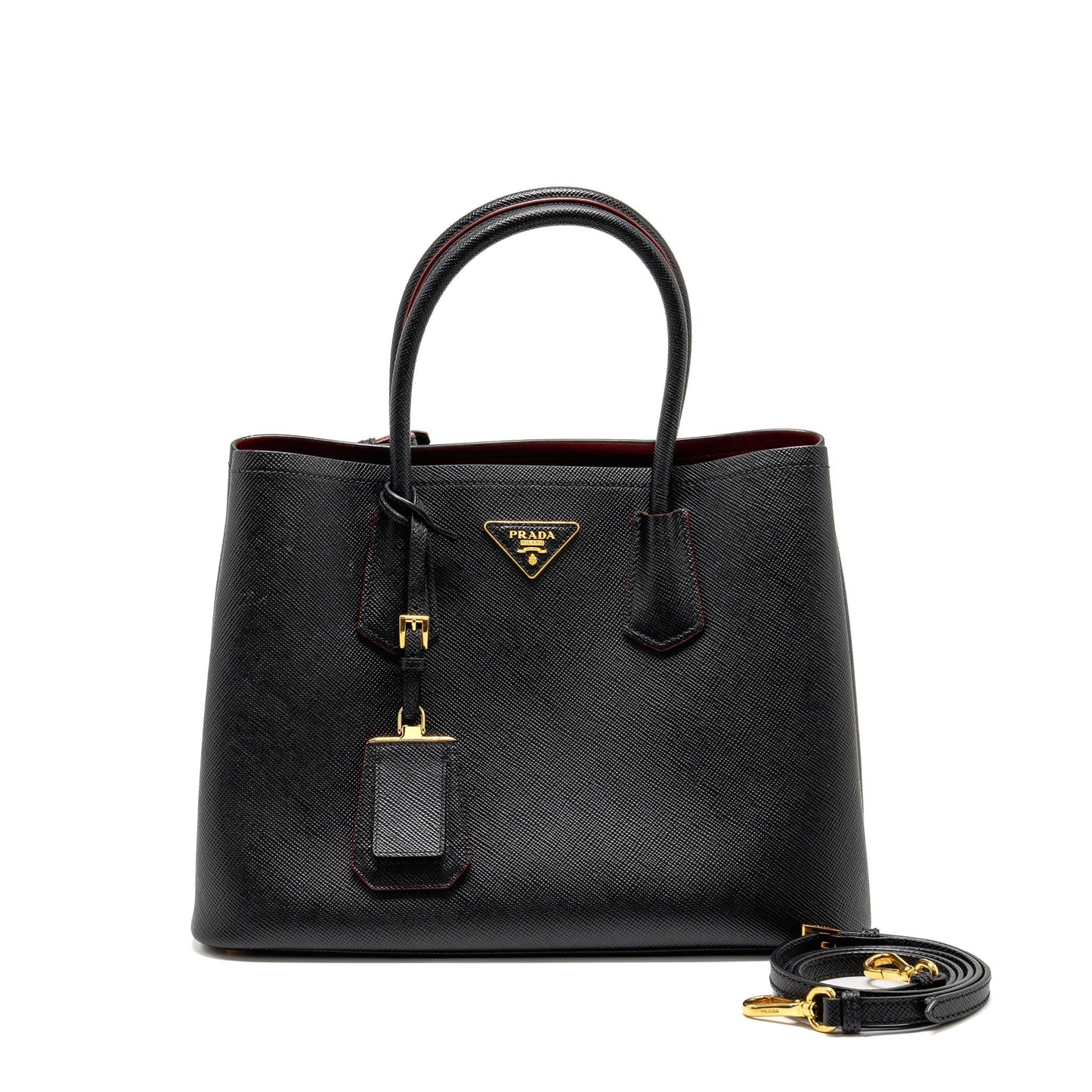 Prada Double Purse Saffiano Calfskin Handbag Black Travel Bag