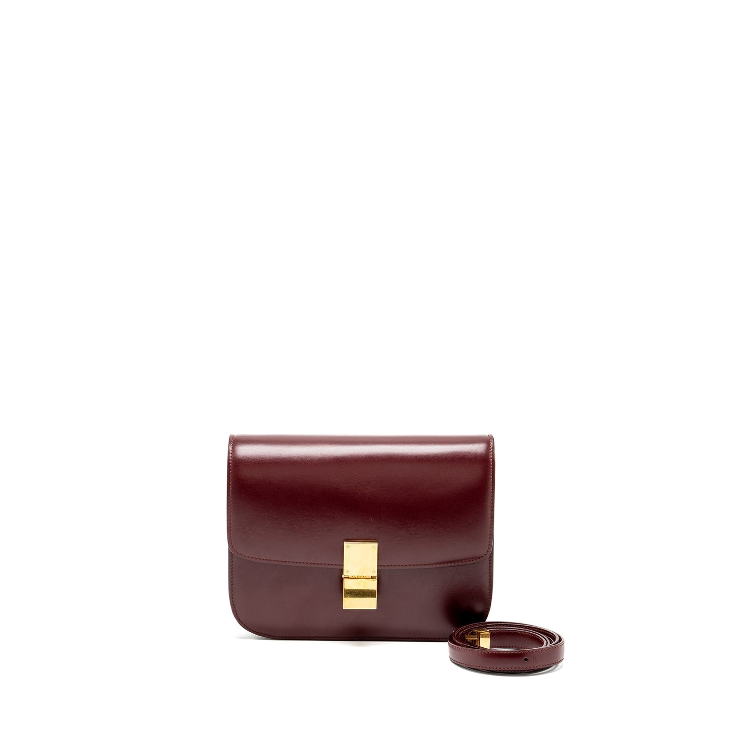 Celine Classic Box Purse Calfskin Dark Handbag Red Medium Travel Bag