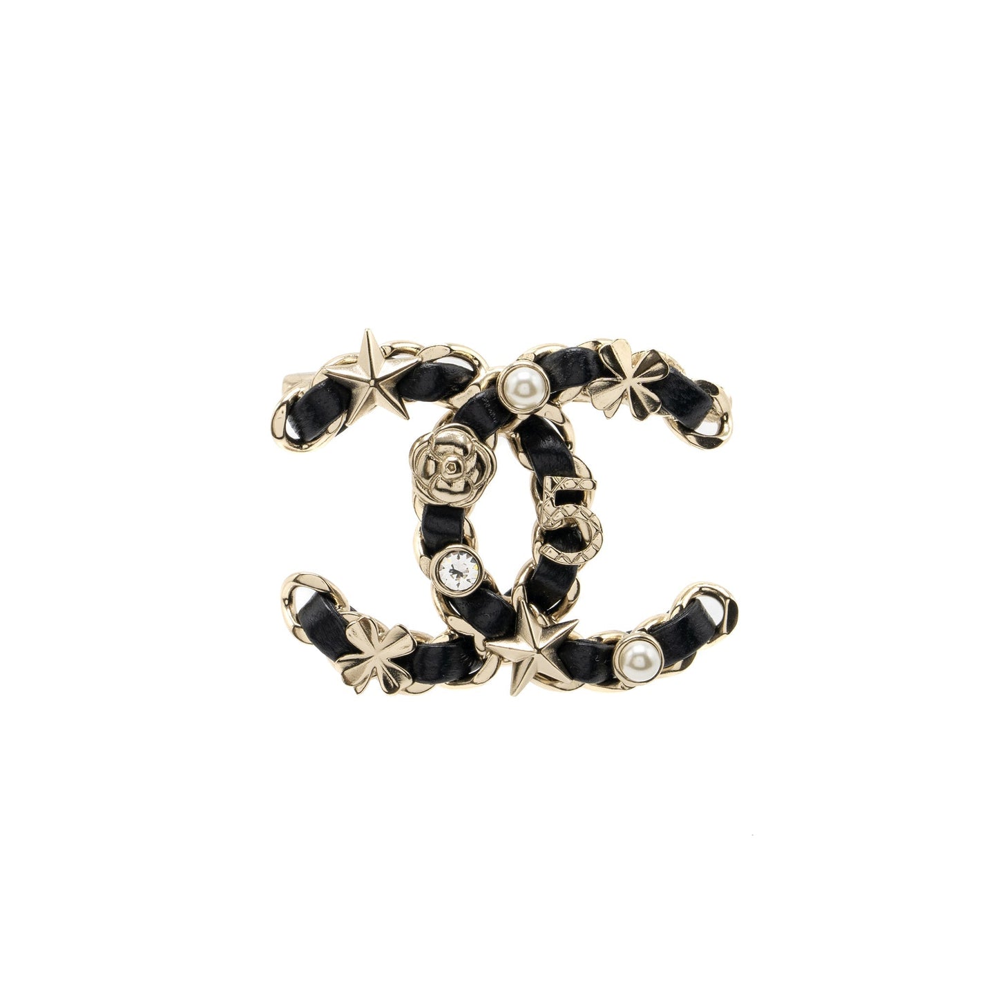 Chanel Camellia Crystal Pearl Brooch Light Tone Gold Leather Handbag