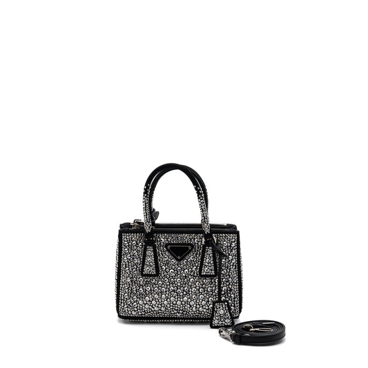 Prada Galleria Purse With Crystal Handbag Satin Black Travel Bag