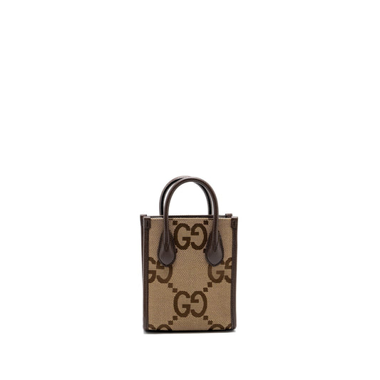 Gucci Jumbo Tote Bag Camel Ebony Leather Canvas