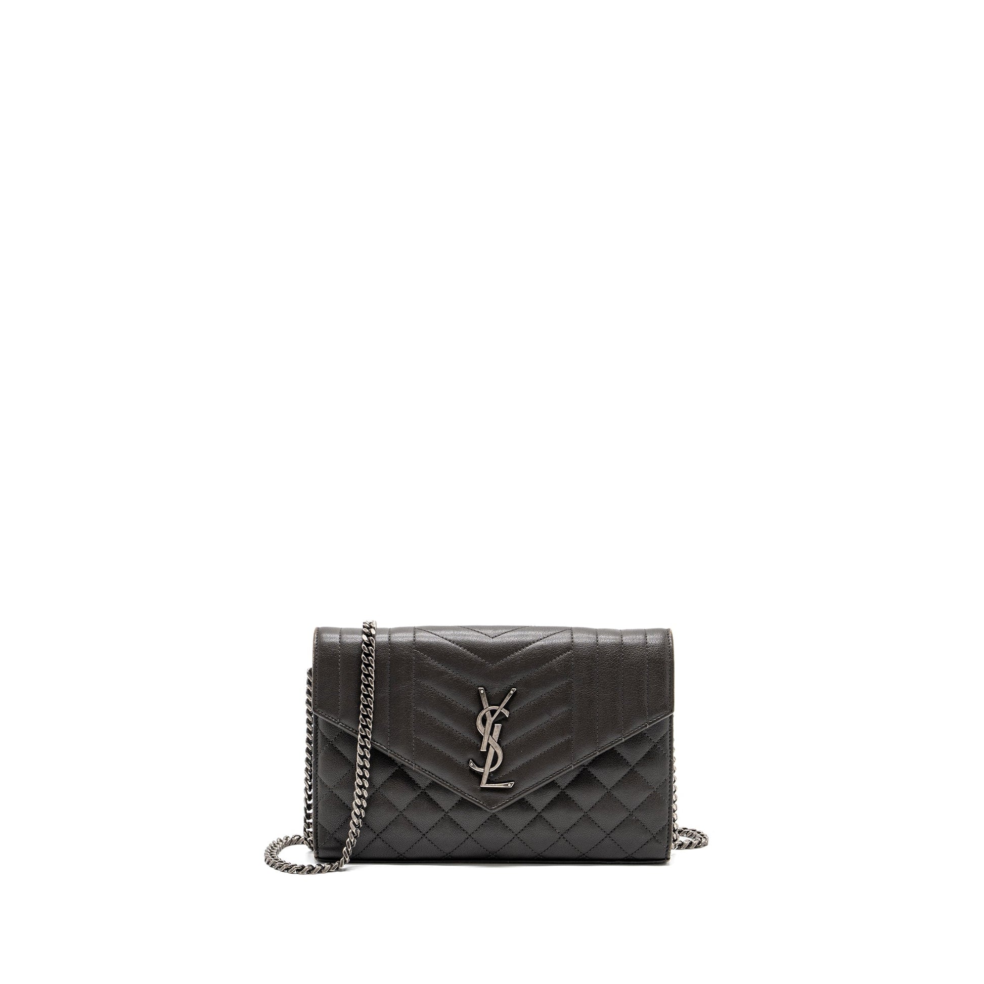 YSL Saint Laurent Envelop Purse Calfskin Dark Grey Travel Bag Chain