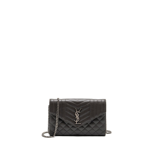YSL Saint Laurent Envelop Purse Calfskin Dark Grey Travel Bag Chain