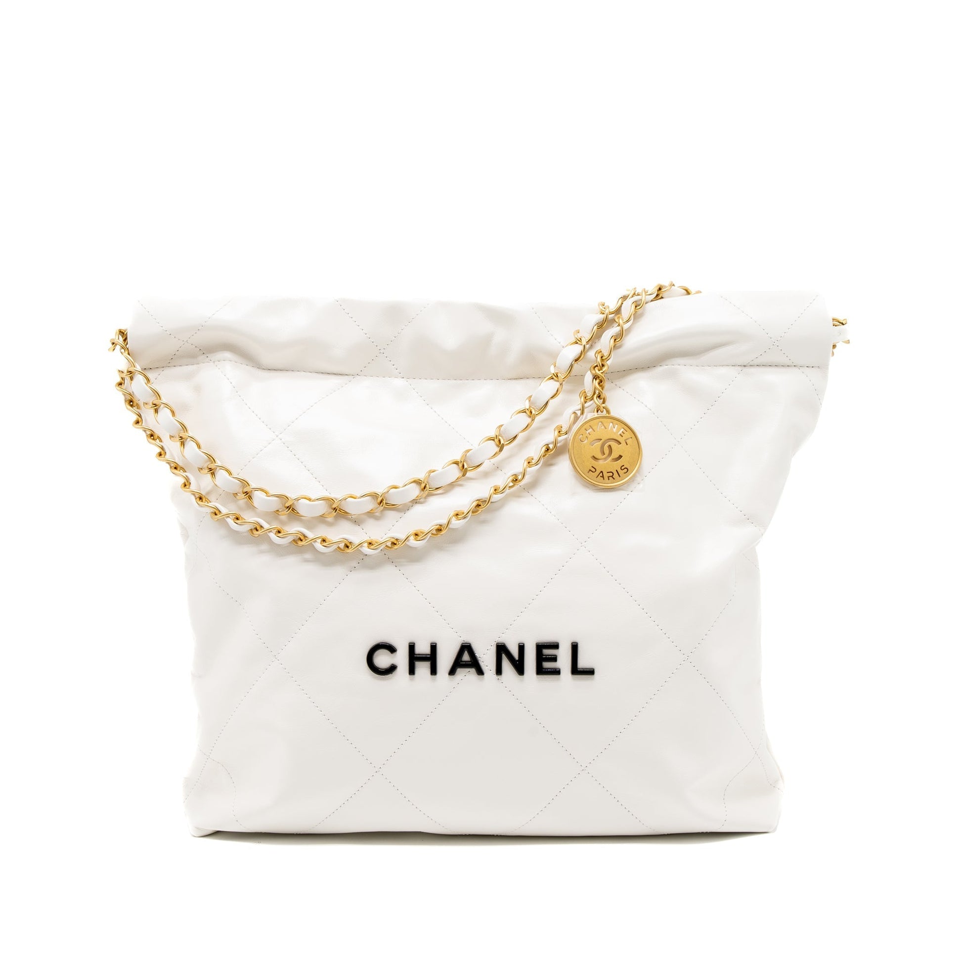 Chanel 22 Letter Shiny Calfskin Brushed GHW Black White Small Handbag