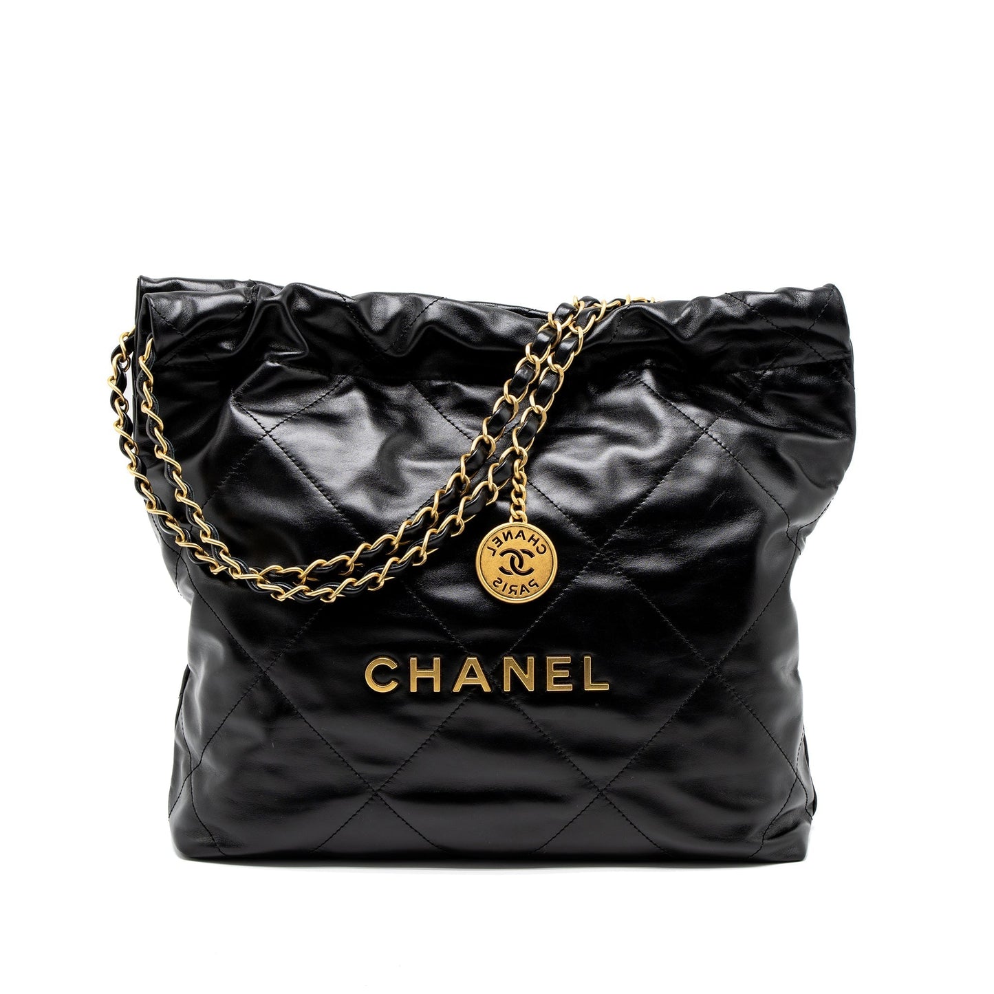 Chanel 22 Letter Shiny Calfskin Brushed GHW Black Gold Small Handbag