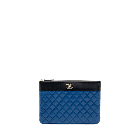 Chanel CC Logo Quilted Zip shiny sheepskin Black Blue Clutch Bag