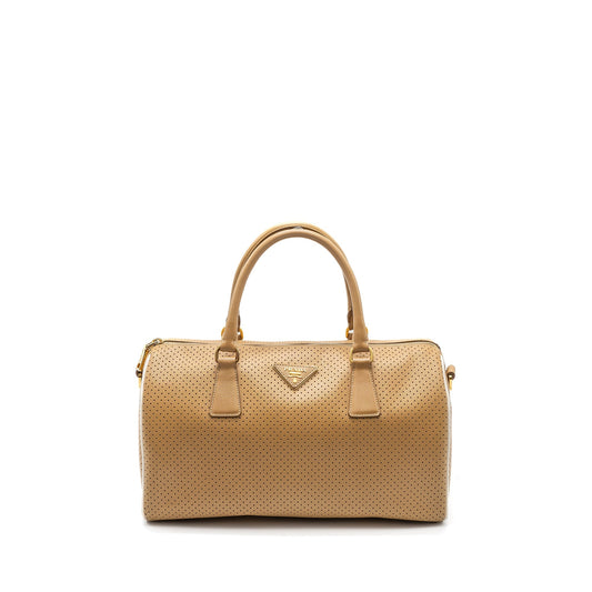 Prada Boston Tote Purse Calfskin Handbag Leather Beige Tote Bag