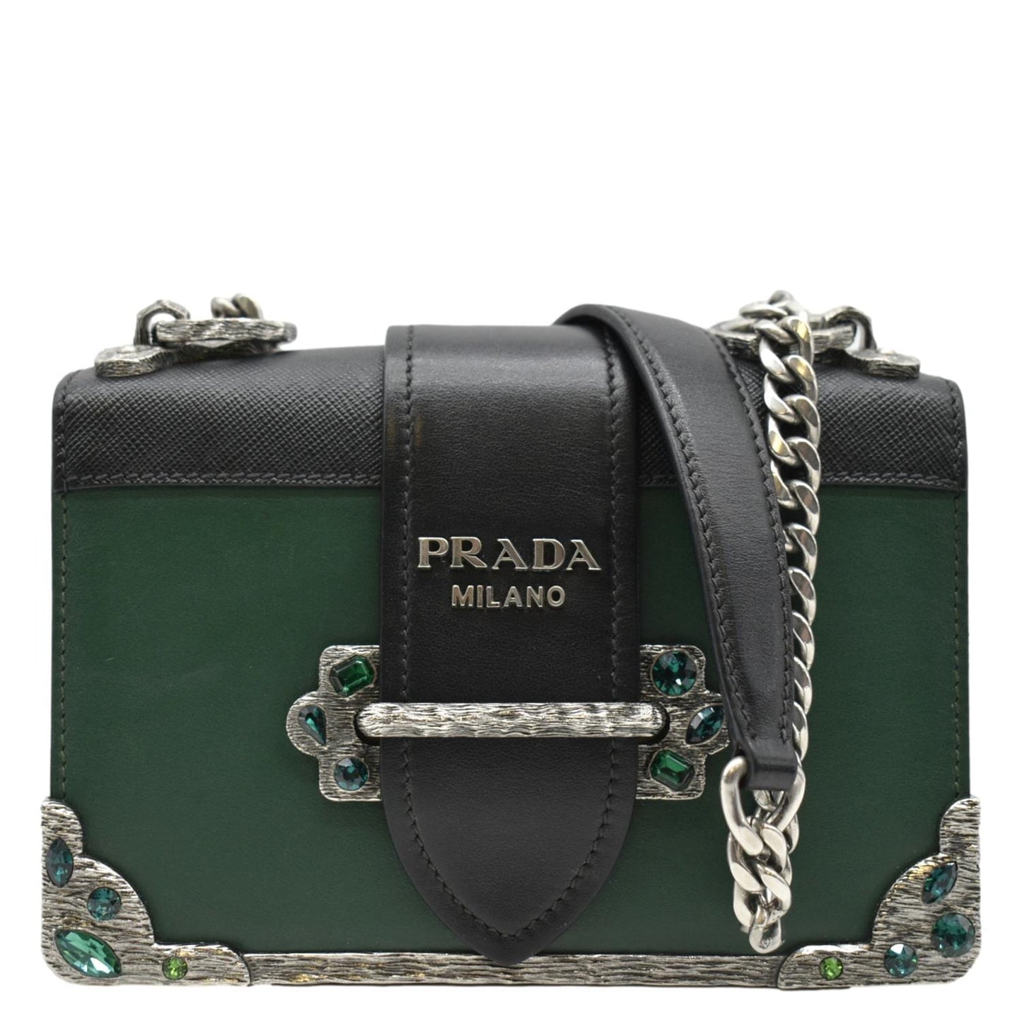 Prada Cahier Swarovski Crystals Shoulder Bag Leather Green Cahier Swarovski Crystals