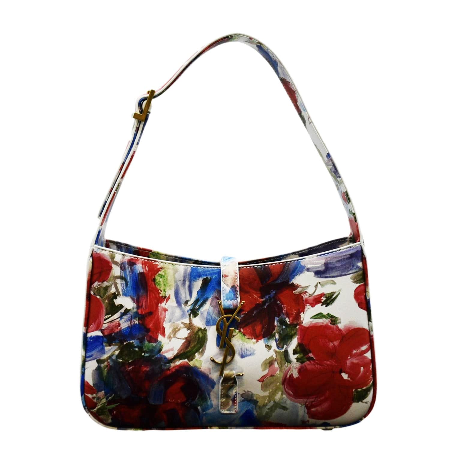 YSL Saint Laurent Yves Le Floral Printed Hobo Bag Leather White