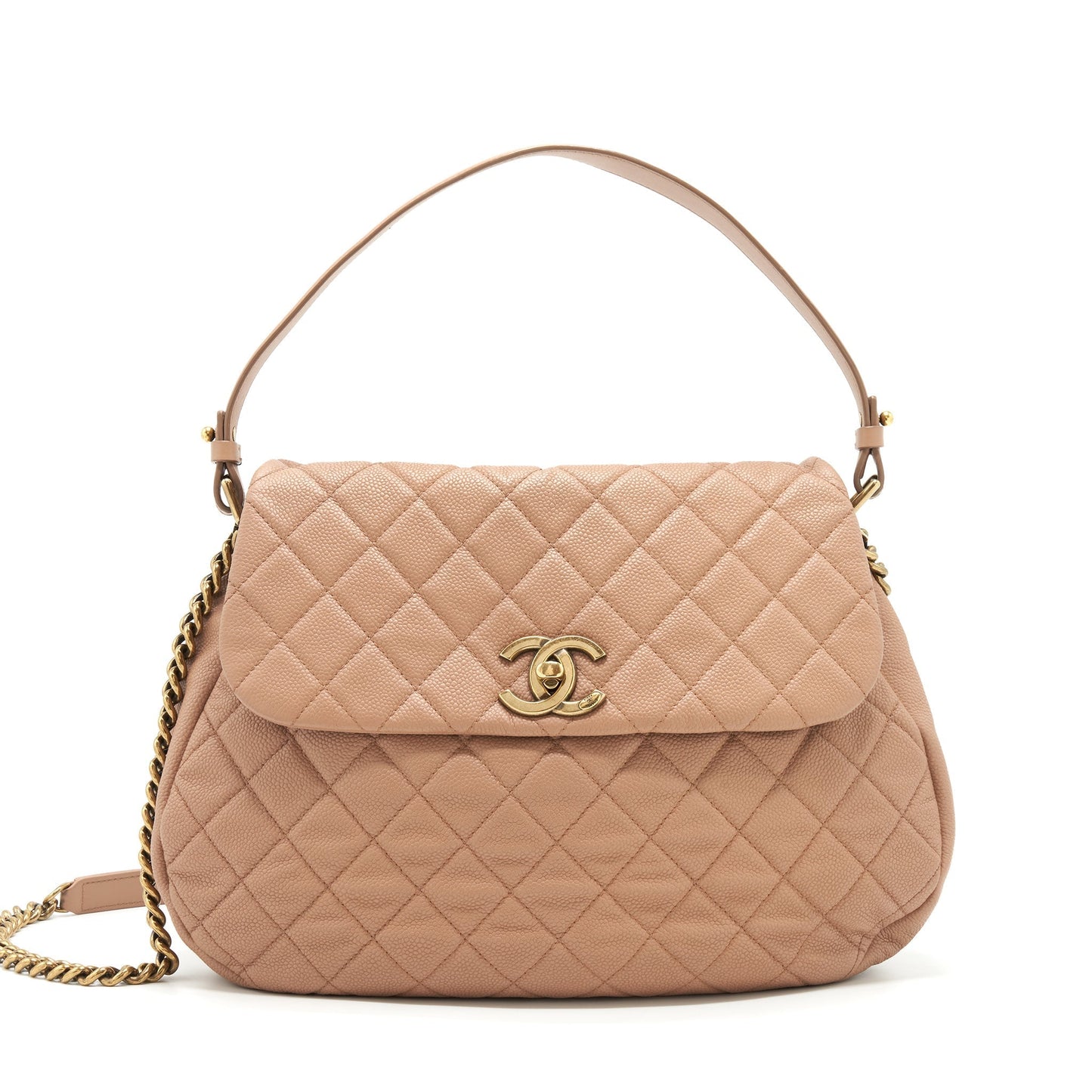 Chanel Round Flap Caviar Dark GHW Beige Shoulder Bag