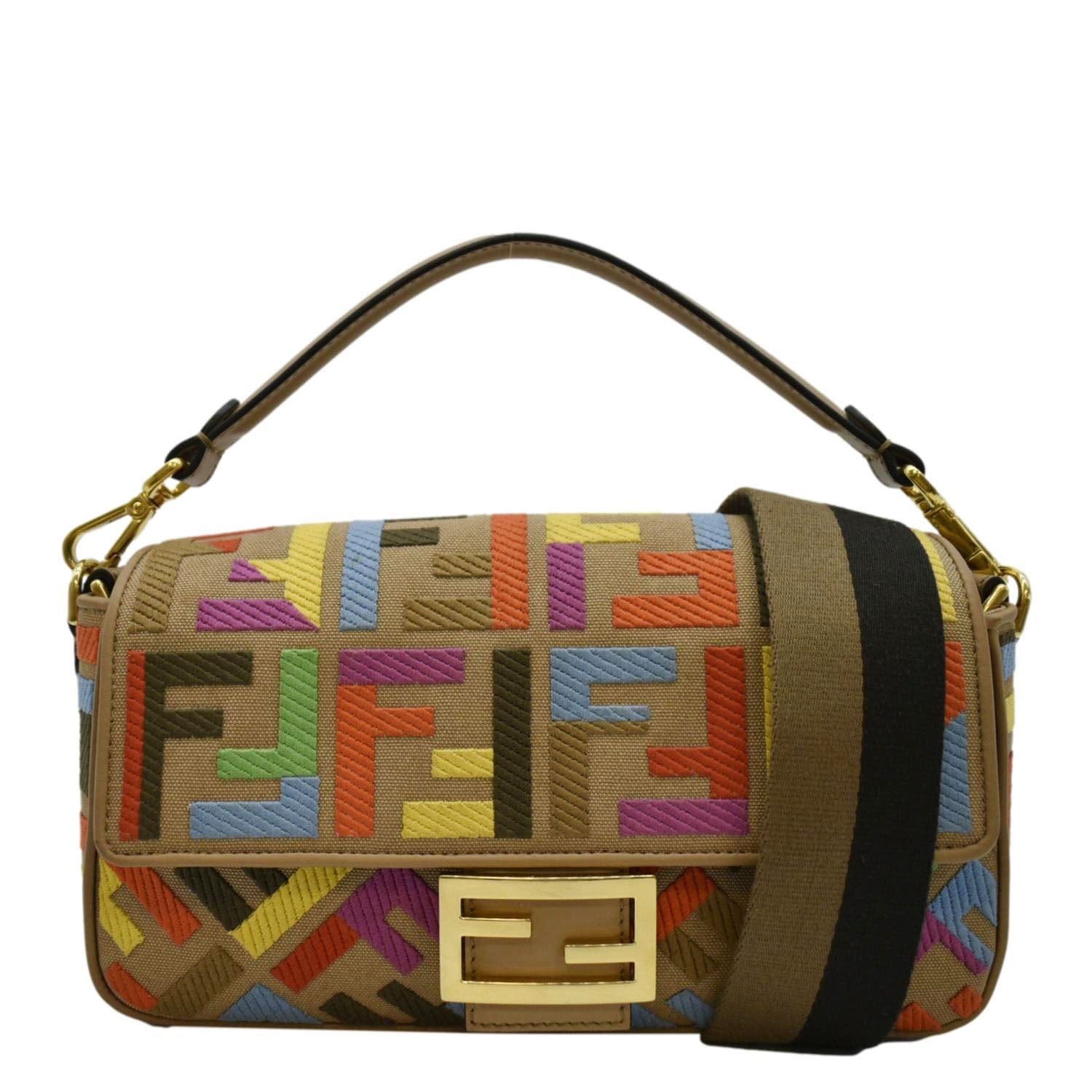 Fendi King Ff Baguette Shoulder Bag Cuoio Canvas Vitello Embroidered