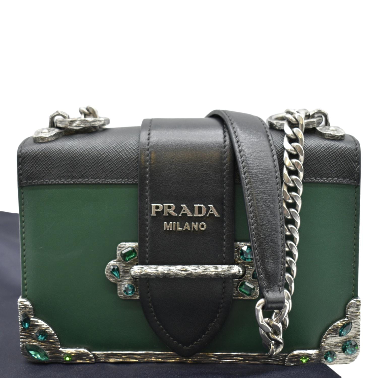 Prada Cahier Swarovski Crystals Shoulder Bag Leather Green Cahier Swarovski Crystals