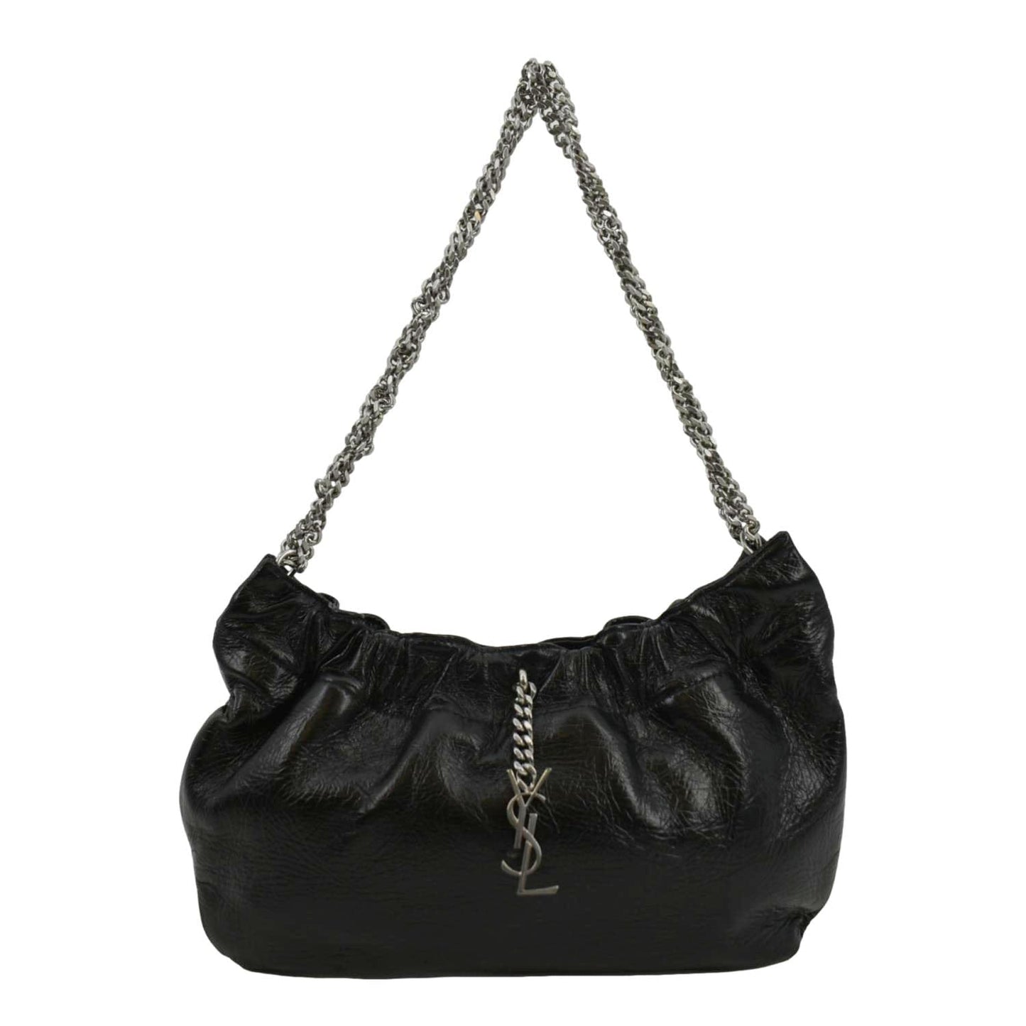 YSL Saint Laurent Yves Pac Pac Ruched Hobo Bag Leather Black