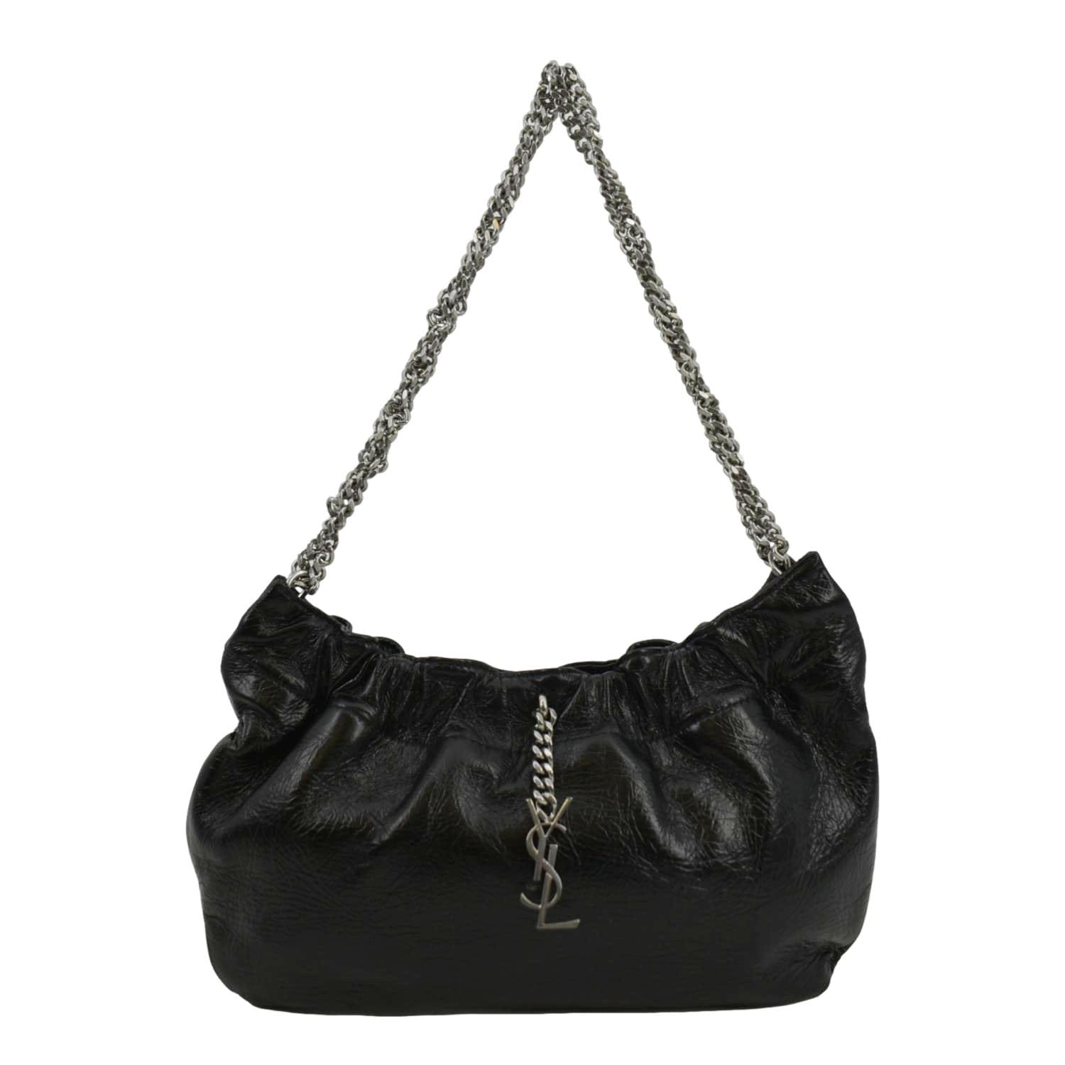 YSL Saint Laurent Saint Pac Pac Ruched Hobo Bag Leather Black Shoulder Bag