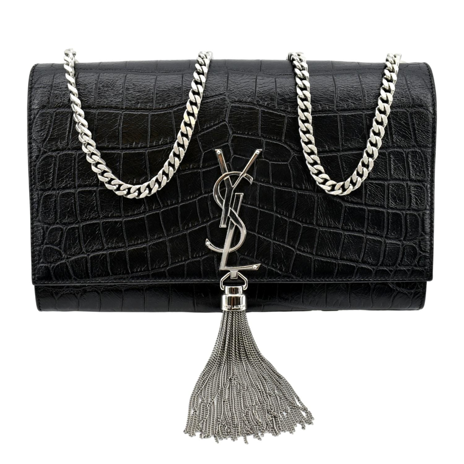 YSL Saint Laurent Yves Kate Crocodile Shoulder Bag Leather Black Embossed