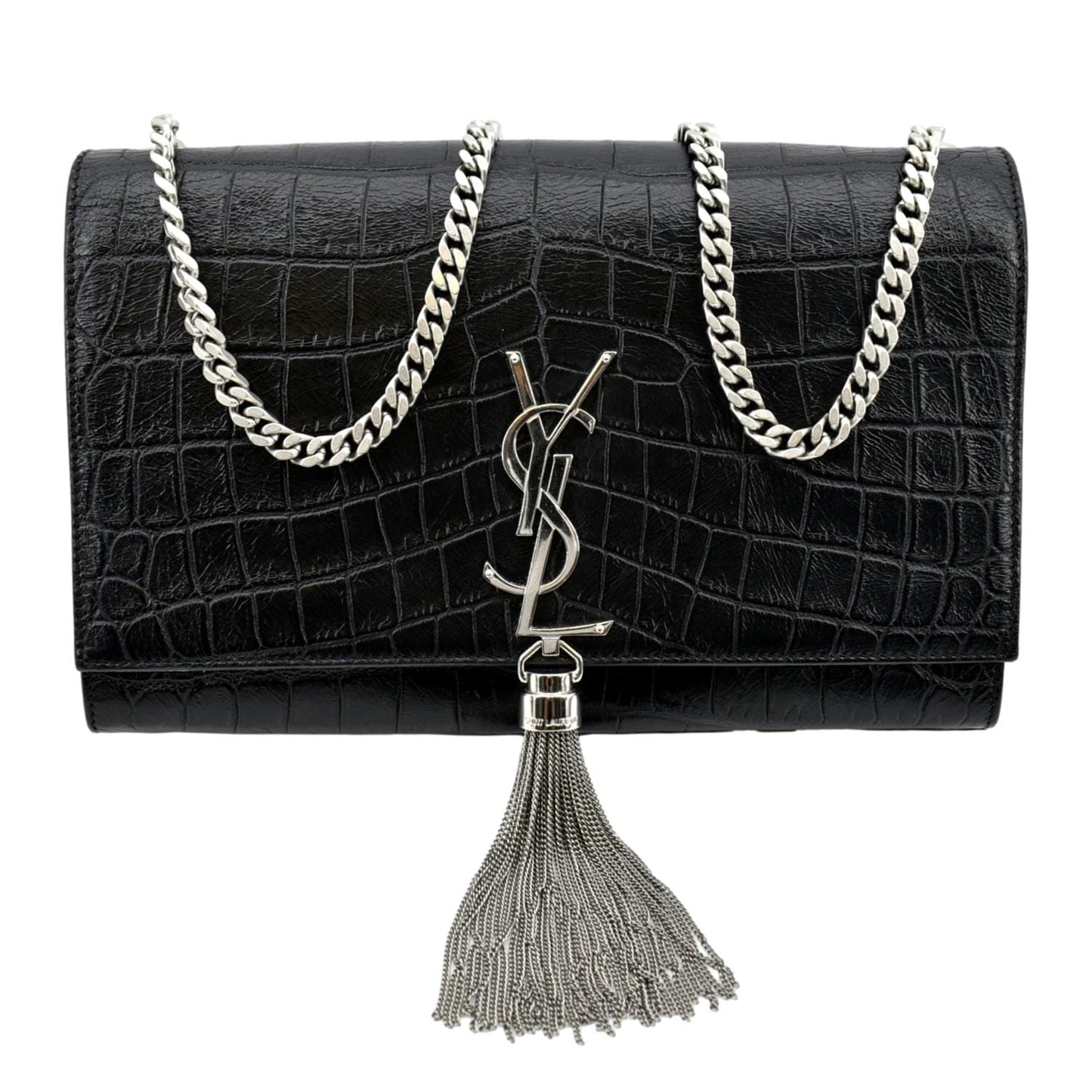 YSL Saint Laurent Saint Kate Crocodile Embossed Shoulder Bag Leather Black