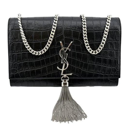 YSL Saint Laurent Saint Kate Crocodile Embossed Shoulder Bag Leather Black