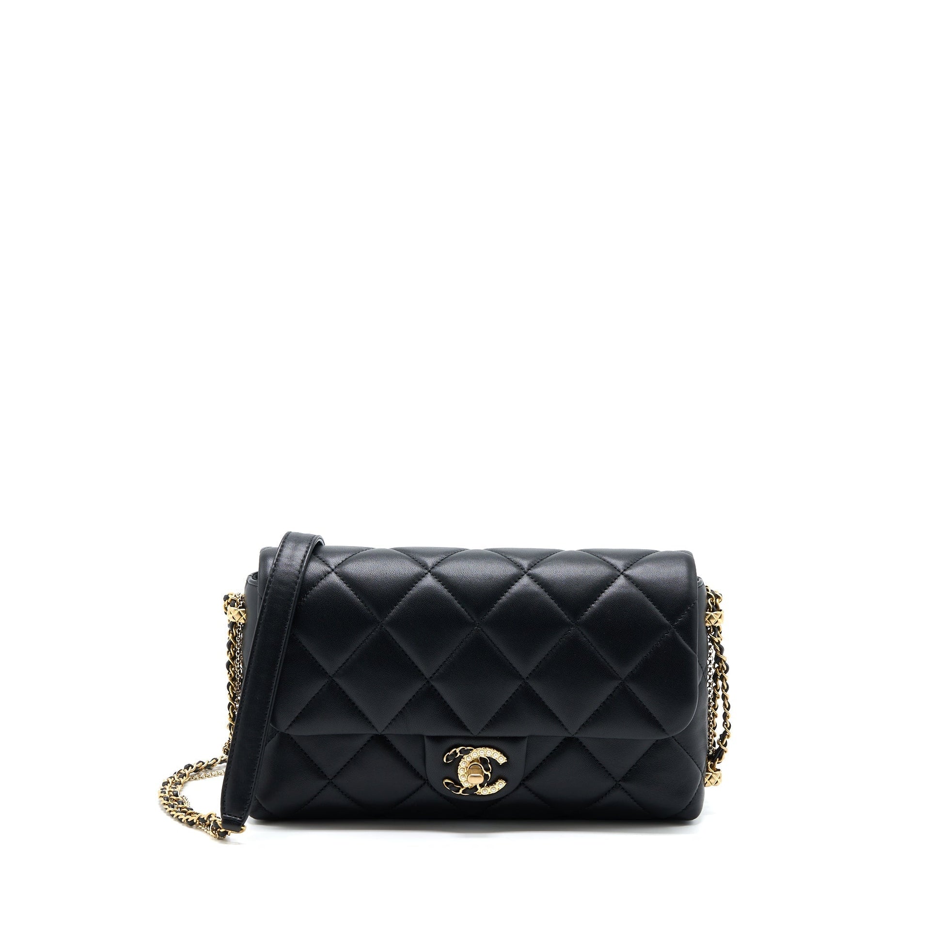 Chanel Quilted Detailed Logo Flap Lambskin GHW Black Shoulder Bag