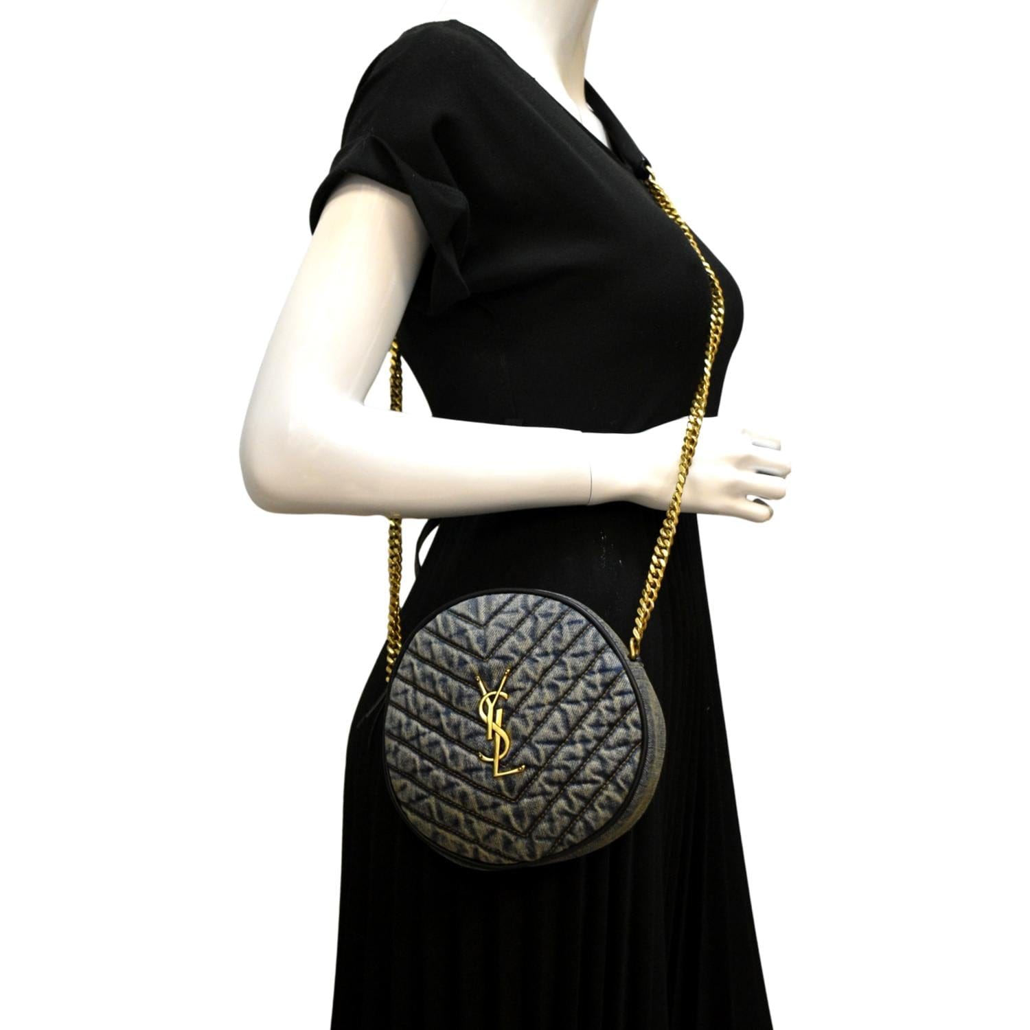 YSL Saint Laurent Yves Vinyle Round Camera Crossbody Bag Denim Black