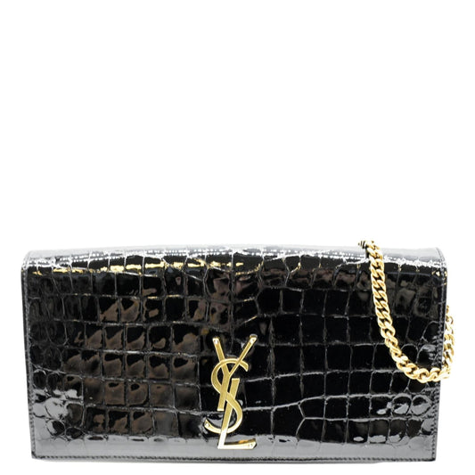 YSL Saint Laurent Saint Kate Embossed Alligator Shoulder Bag Leather Black